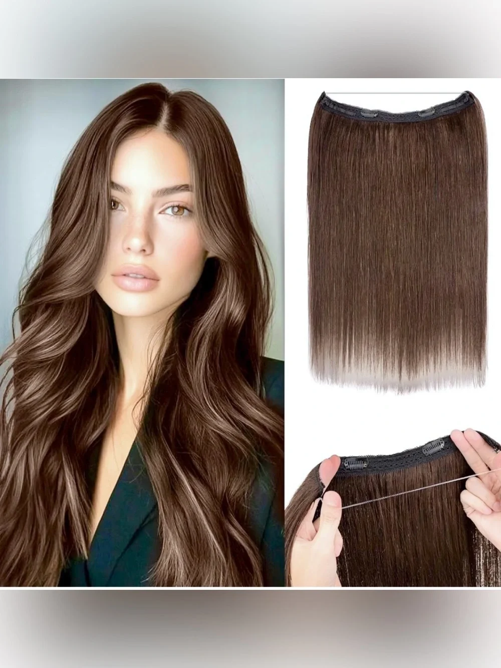18” Dark Brown #4 Halo Fishwire Clip-In Human Hair Extension 1pc #033